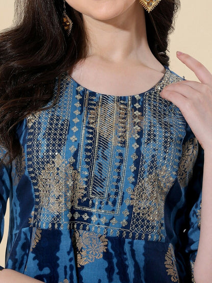 Navy Blue Ethnic Motif Printed A-Line Dress for Women – Stylish & Comfortable Indian Wear