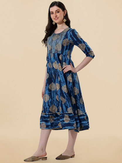 Navy Blue Ethnic Motif Printed A-Line Dress for Women – Stylish & Comfortable Indian Wear