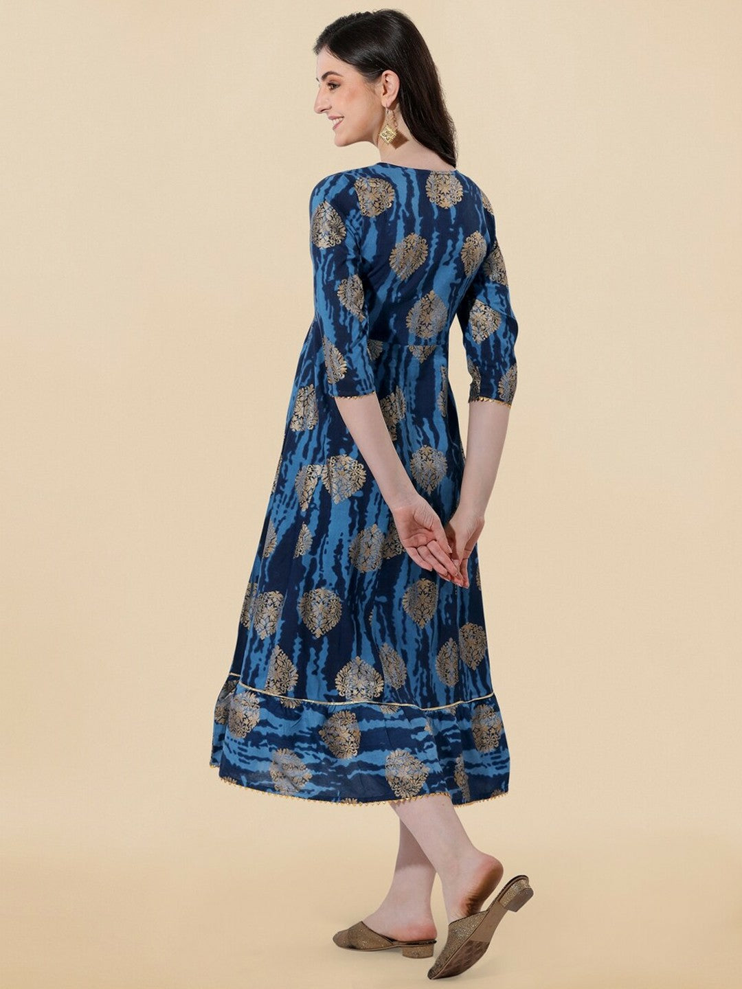 Navy Blue Ethnic Motif Printed A-Line Dress for Women – Stylish & Comfortable Indian Wear