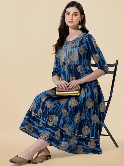 Navy Blue Ethnic Motif Printed A-Line Dress for Women – Stylish & Comfortable Indian Wear