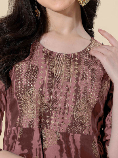 Brown Ethnic Motifs Printed A-Line Dress – Elegant Midi-Length Ethnic Wear for Women