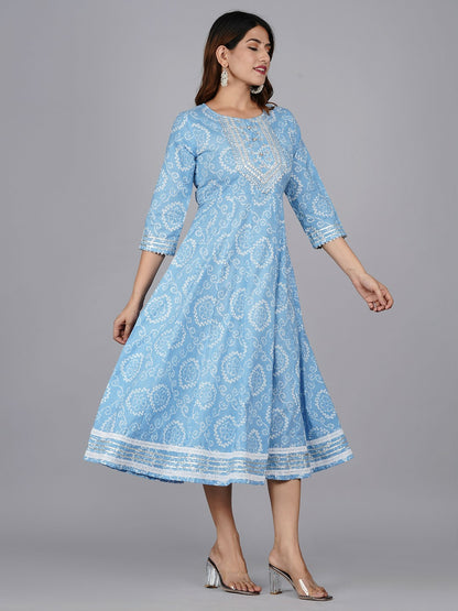 Blue Ethnic Motifs Print A-Line Dress – Stylish Midi Dress for Women | Indiaista