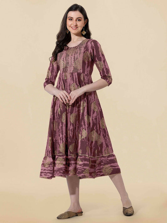 Brown Ethnic Motifs Printed A-Line Dress – Elegant Midi-Length Ethnic Wear for Women