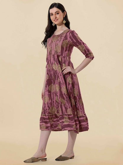 Brown Ethnic Motifs Printed A-Line Dress – Elegant Midi-Length Ethnic Wear for Women