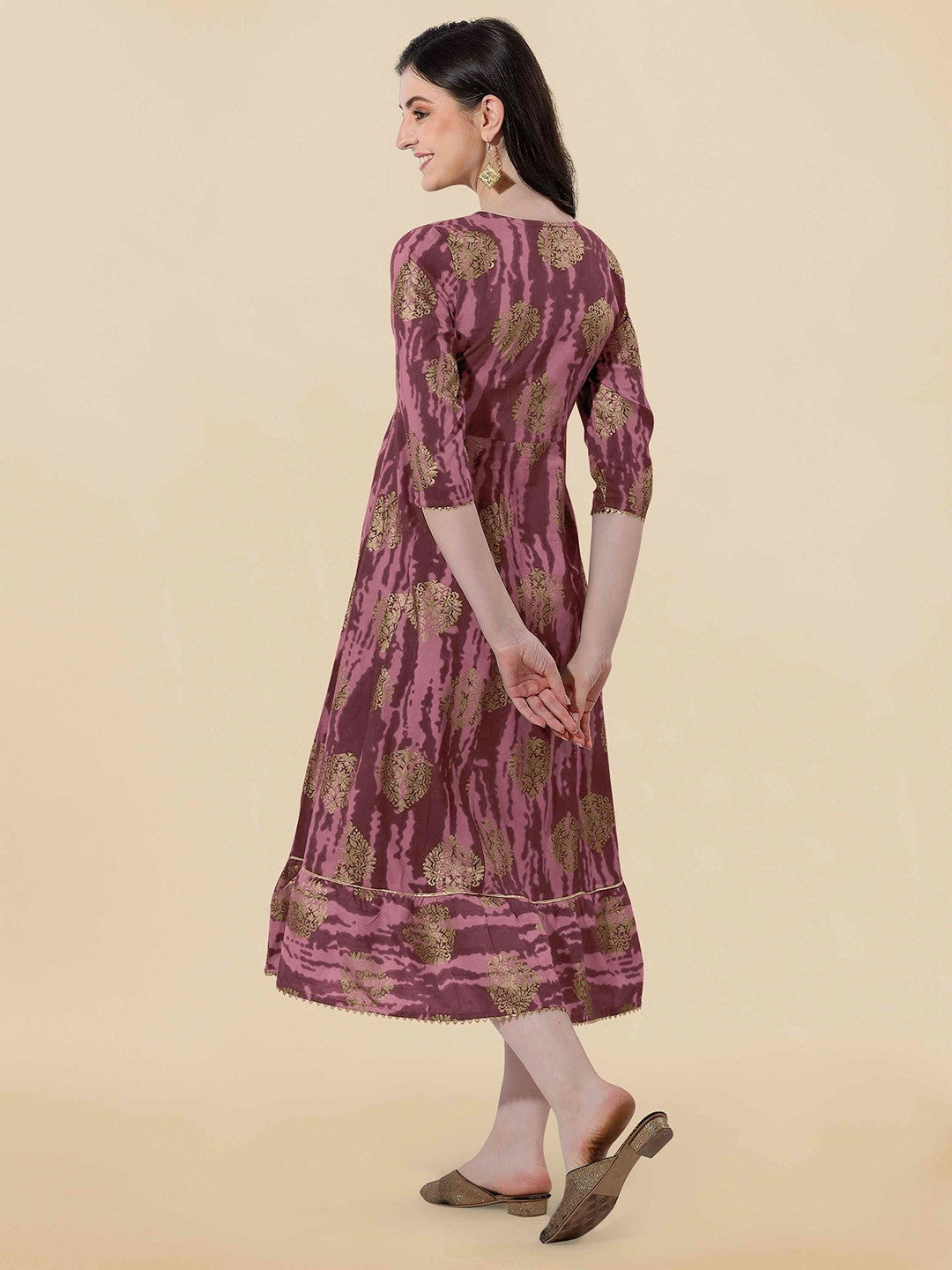 Brown Ethnic Motifs Printed A-Line Dress – Elegant Midi-Length Ethnic Wear for Women