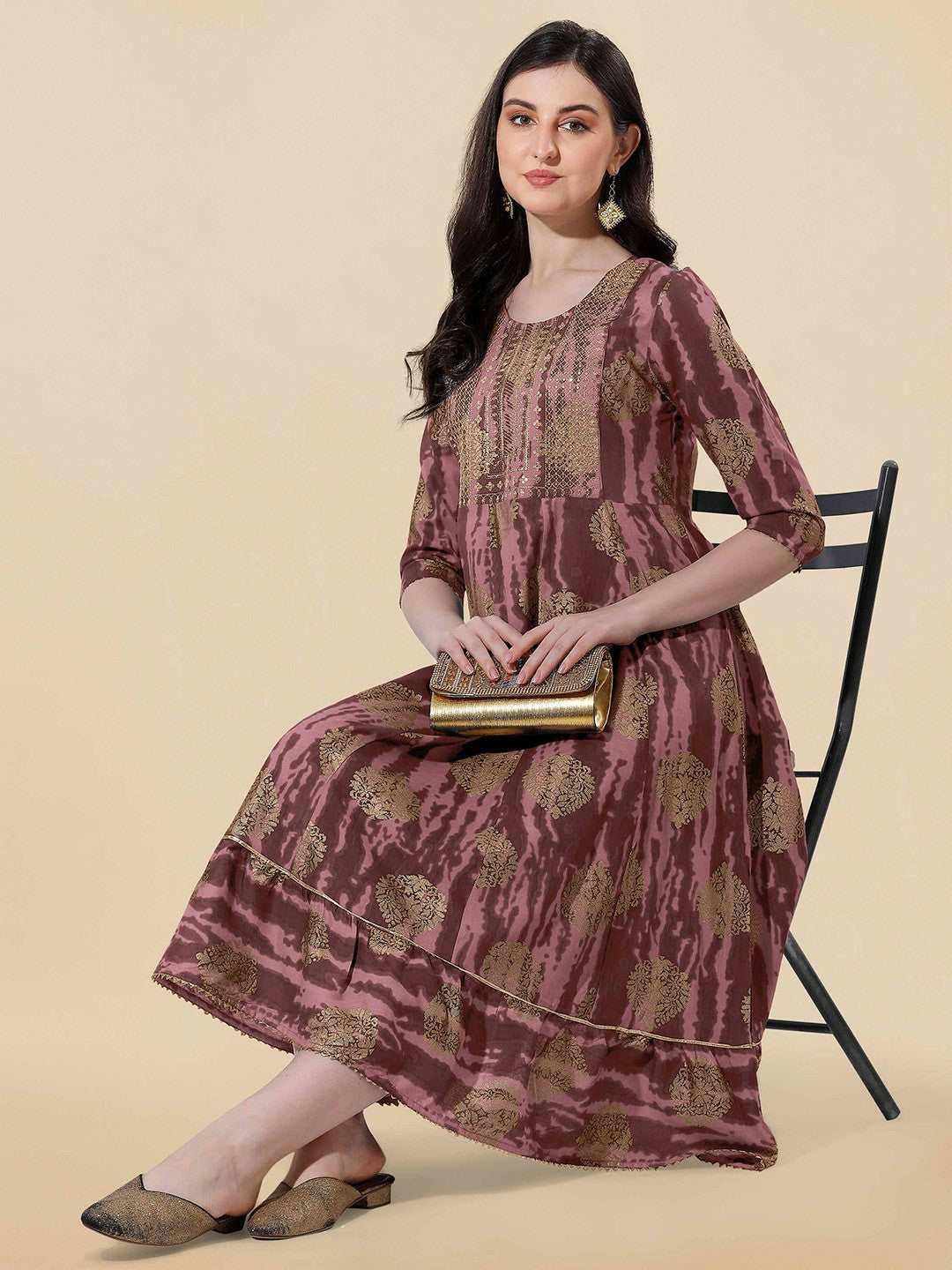 Brown Ethnic Motifs Printed A-Line Dress – Elegant Midi-Length Ethnic Wear for Women