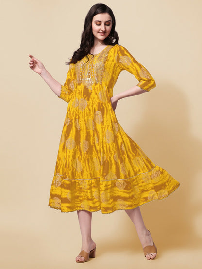 Yellow Fit & Flare Midi Dress – Abstract Printed Ethnic Dress for Women | Indiaista