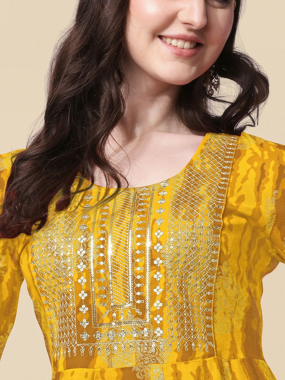 Yellow Fit & Flare Midi Dress – Abstract Printed Ethnic Dress for Women | Indiaista