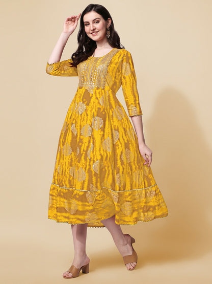 Yellow Fit & Flare Midi Dress – Abstract Printed Ethnic Dress for Women | Indiaista