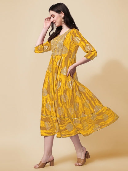 Yellow Fit & Flare Midi Dress – Abstract Printed Ethnic Dress for Women | Indiaista