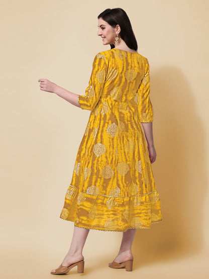 Yellow Fit & Flare Midi Dress – Abstract Printed Ethnic Dress for Women | Indiaista