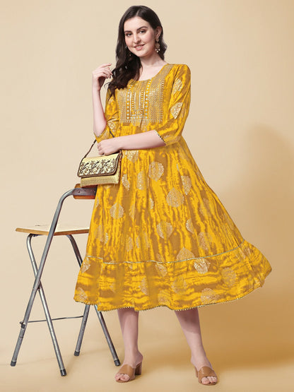 Yellow Fit & Flare Midi Dress – Abstract Printed Ethnic Dress for Women | Indiaista