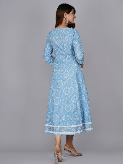 Blue Ethnic Motifs Print A-Line Dress – Stylish Midi Dress for Women | Indiaista