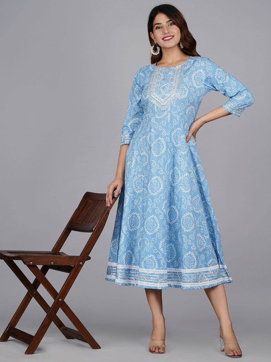 Blue Ethnic Motifs Print A-Line Dress – Stylish Midi Dress for Women | Indiaista