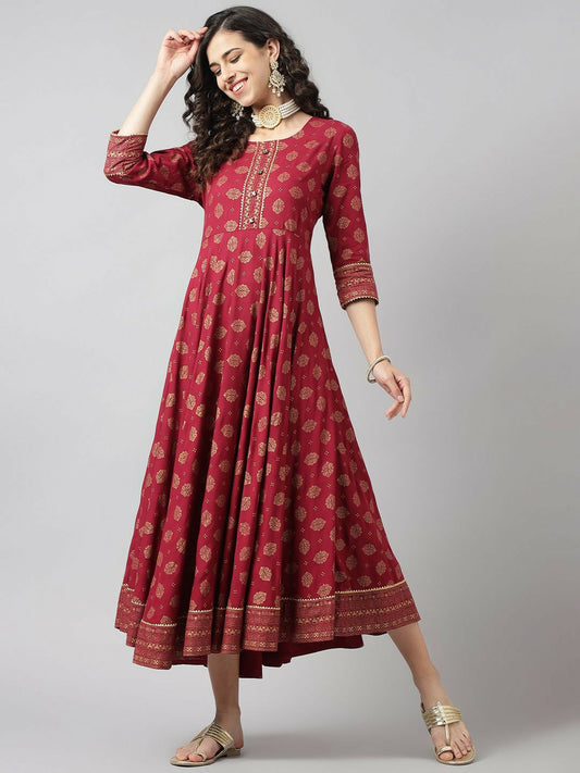 Maroon & Beige Ethnic Fit and Flare Dress for Women – Printed Midi Dress with Flared Hem