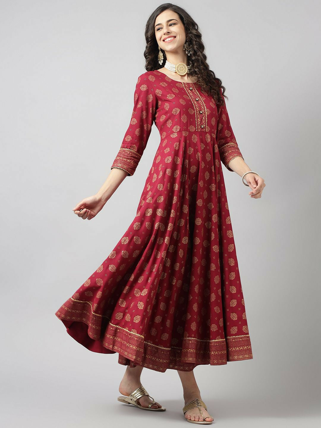 Maroon & Beige Ethnic Fit and Flare Dress for Women – Printed Midi Dress with Flared Hem