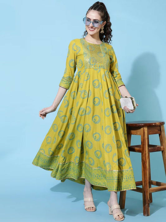 Green Ethnic Motif Printed Maxi Dress for Women – Flared Rayon Long Dress | Indiaista