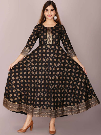 Black Ethnic Motif Printed Anarkali Dress for Women – Stylish Empire Kurta with High-Low Hem