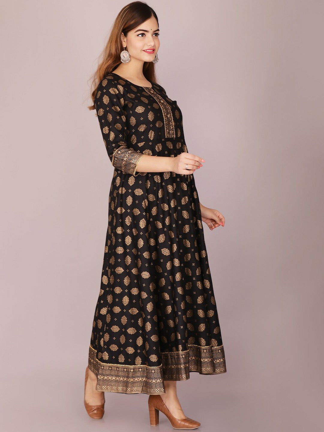 Black Ethnic Motif Printed Anarkali Dress for Women – Stylish Empire Kurta with High-Low Hem