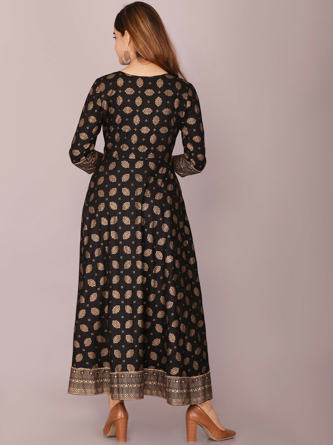 Black Ethnic Motif Printed Anarkali Dress for Women – Stylish Empire Kurta with High-Low Hem