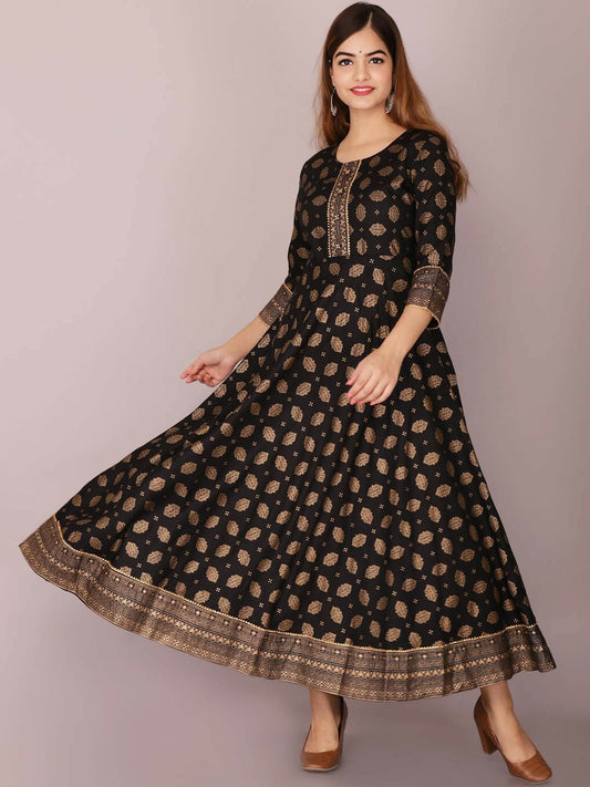 Black Ethnic Motif Printed Anarkali Dress for Women – Stylish Empire Kurta with High-Low Hem