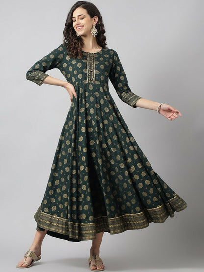 Green & Gold-Toned Ethnic Motif Printed Maxi Dress – A-Line Flared Ethnic Wear for Women