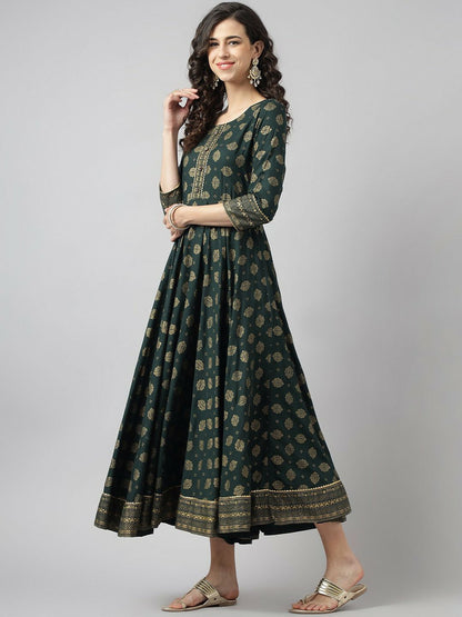 Green & Gold-Toned Ethnic Motif Printed Maxi Dress – A-Line Flared Ethnic Wear for Women