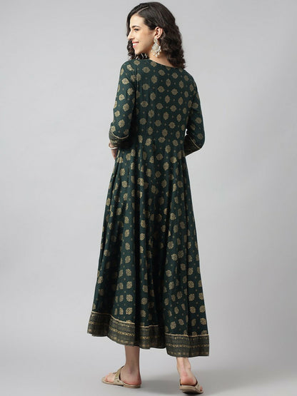 Green & Gold-Toned Ethnic Motif Printed Maxi Dress – A-Line Flared Ethnic Wear for Women