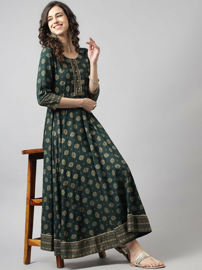 Green & Gold-Toned Ethnic Motif Printed Maxi Dress – A-Line Flared Ethnic Wear for Women