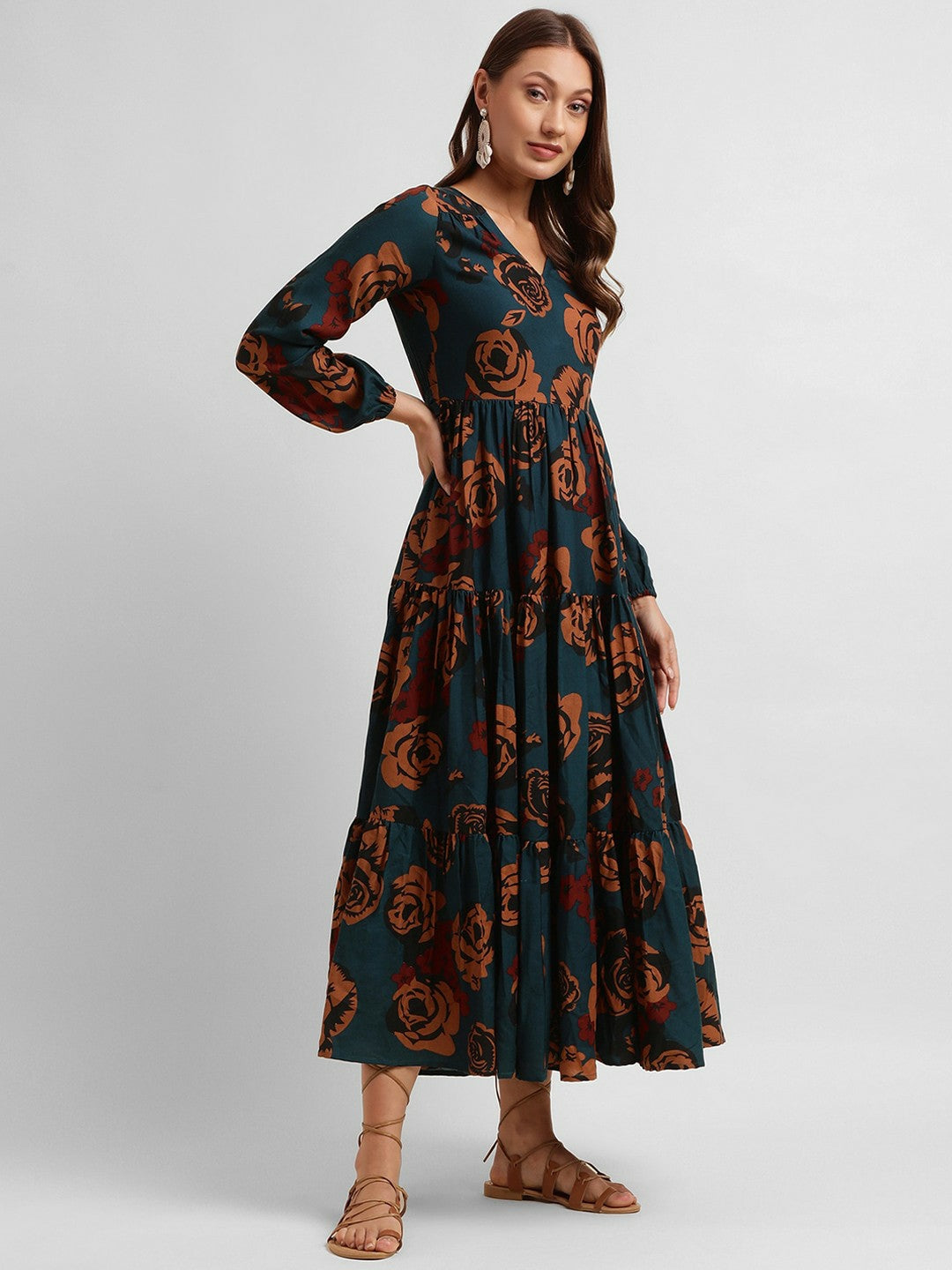 Navy Blue Floral Printed Women’s Ethnic Dress – V-Neck Fit & Flare Tiered Midi Dress in Viscose Rayon