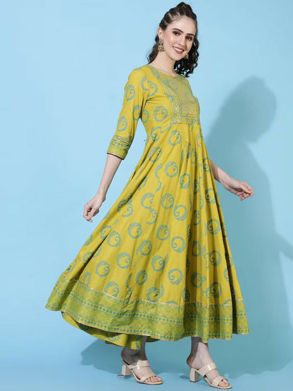 Green Ethnic Motif Printed Maxi Dress for Women – Flared Rayon Long Dress | Indiaista