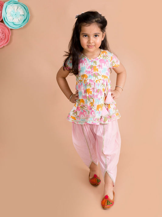 White & Pink Ethnic Printed Kurti with Solid Dhoti Pants – Elegant Cotton Set