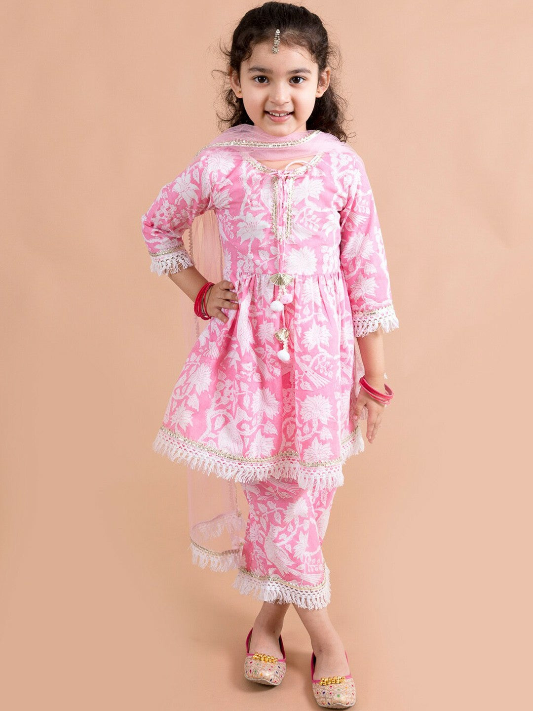 Buy Girls Pink Printed Cotton Kurta Set with Palazzos & Dupatta – Indiaista