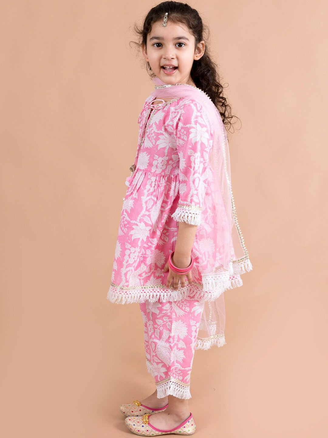 Buy Girls Pink Printed Cotton Kurta Set with Palazzos & Dupatta – Indiaista