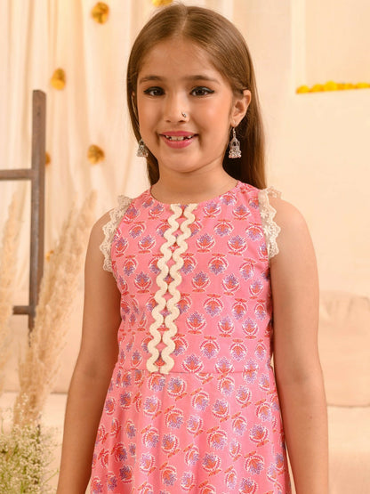 Buy Pink Floral Printed Girls Kurta Set with Trousers & Dupatta | Indiaista