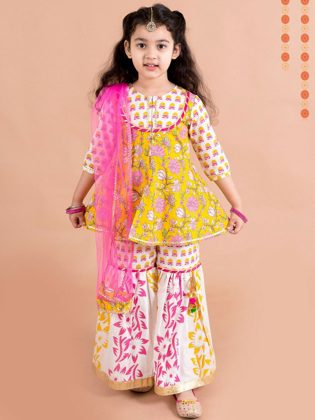 Girls Yellow Floral Printed Cotton Kurti with Sharara & Dupatta - Indiaista