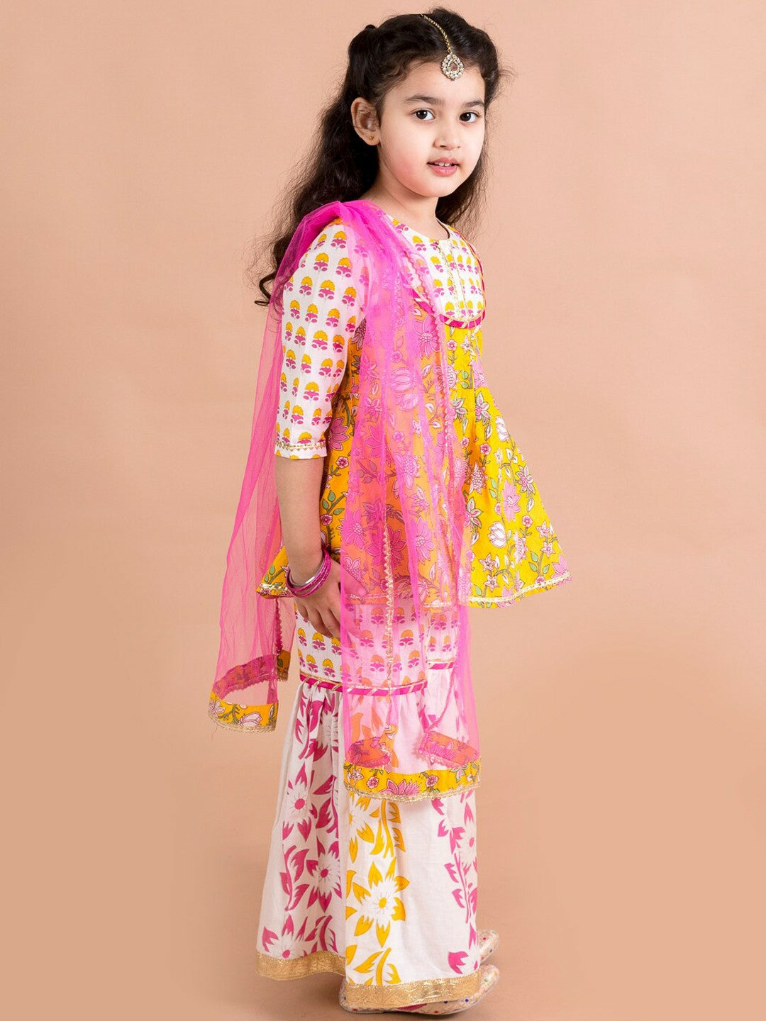 Girls Yellow Floral Printed Cotton Kurti with Sharara & Dupatta - Indiaista