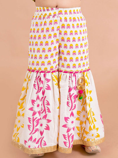 Girls Yellow Floral Printed Cotton Kurti with Sharara & Dupatta - Indiaista