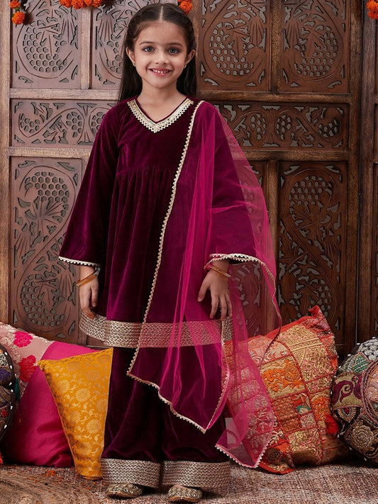 Burgundy Velvet Girls Kurta Set with Palazzos & Dupatta - Elegant Ethnic Wear | Indiaista