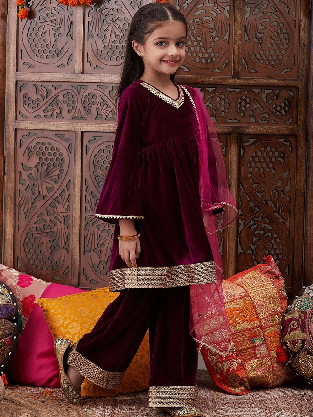 Burgundy Velvet Girls Kurta Set with Palazzos & Dupatta - Elegant Ethnic Wear | Indiaista