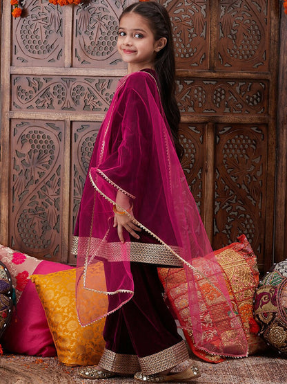 Burgundy Velvet Girls Kurta Set with Palazzos & Dupatta - Elegant Ethnic Wear | Indiaista