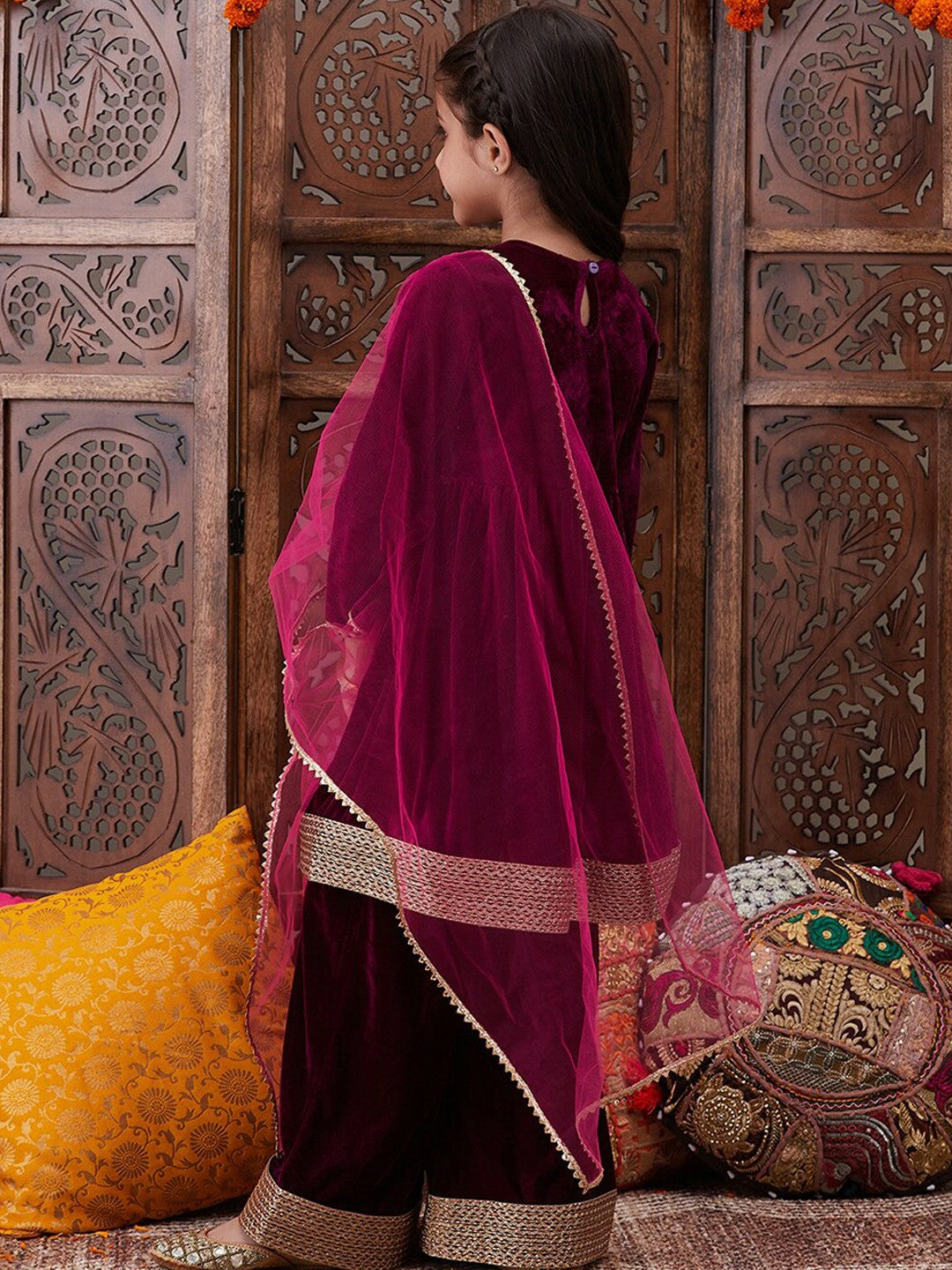 Burgundy Velvet Girls Kurta Set with Palazzos & Dupatta - Elegant Ethnic Wear | Indiaista