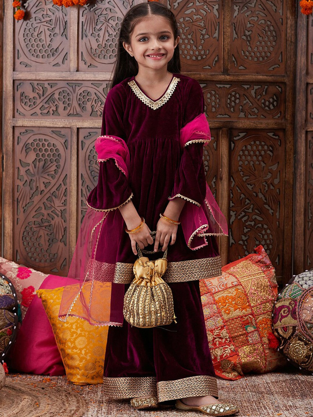 Burgundy Velvet Girls Kurta Set with Palazzos & Dupatta - Elegant Ethnic Wear | Indiaista