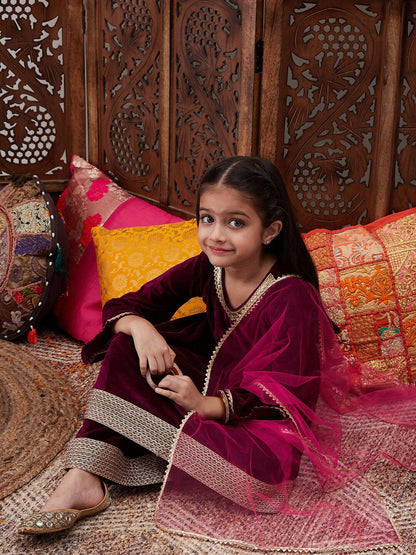 Burgundy Velvet Girls Kurta Set with Palazzos & Dupatta - Elegant Ethnic Wear | Indiaista