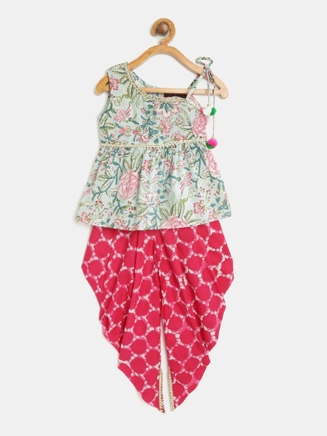 Girls Green & Pink Floral Print Kurti with Dhoti Pants - Stylish Ethnic Wear | Indiaista