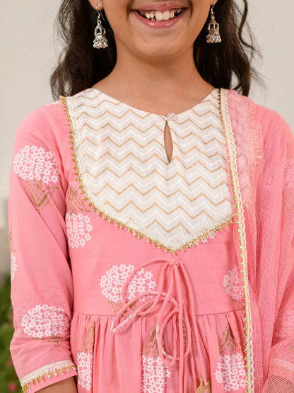 Buy Girls Pink Floral Printed Cotton Kurta Set with Trousers & Dupatta - Indiaista