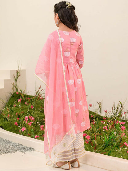 Buy Girls Pink Floral Printed Cotton Kurta Set with Trousers & Dupatta - Indiaista