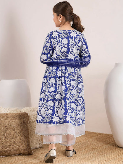 Buy Blue & White Floral Printed Girls Kurta Set with Palazzos & Dupatta – Pure Cotton | Indiaista