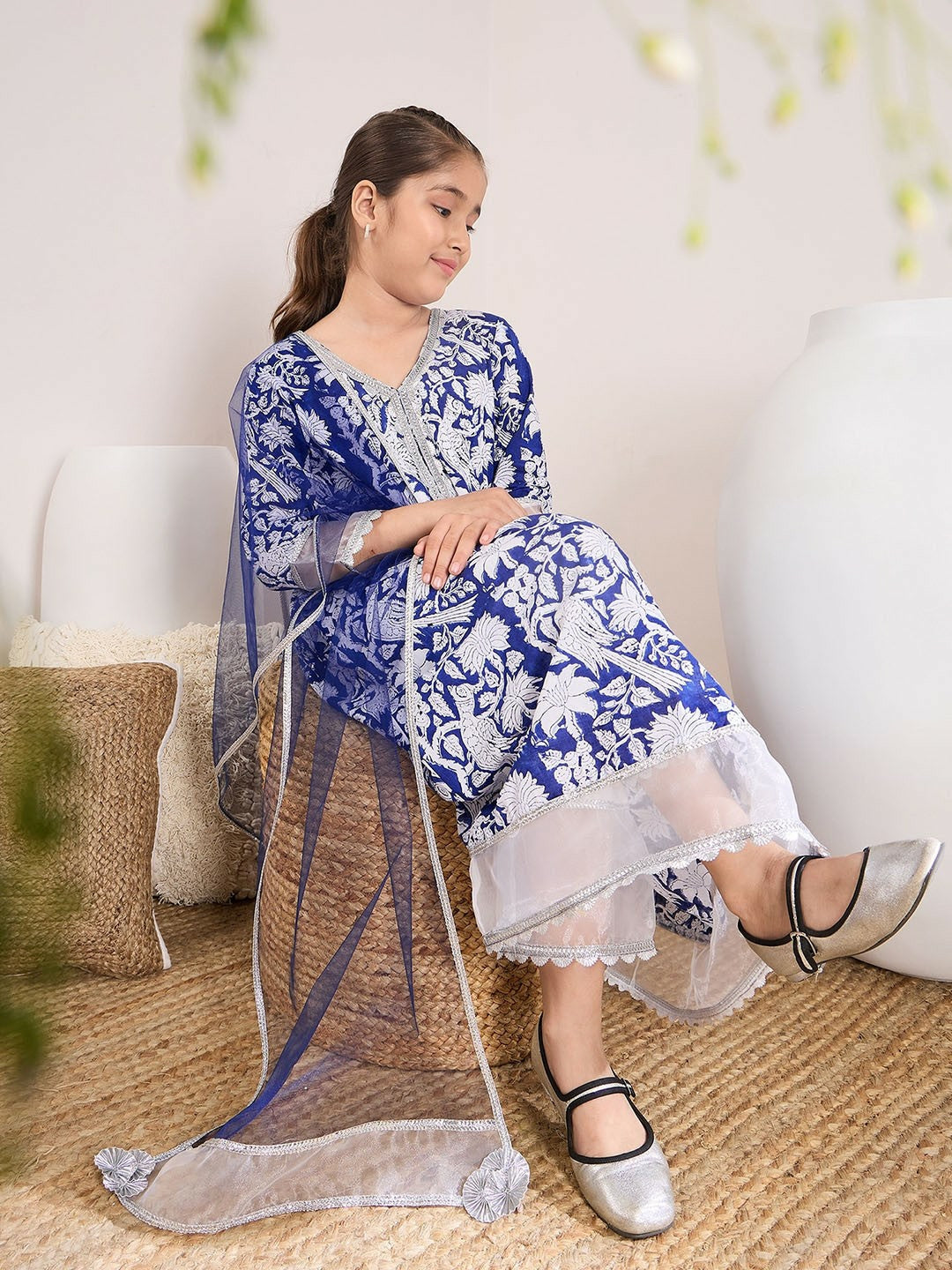 Buy Blue & White Floral Printed Girls Kurta Set with Palazzos & Dupatta – Pure Cotton | Indiaista