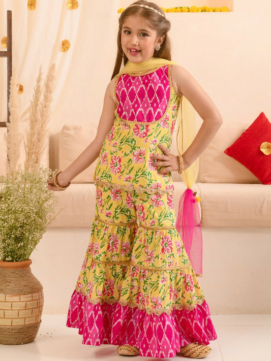 Buy Girls Yellow, Pink & Green Floral Printed Cotton Kurta with Sharara & Dupatta - Indiaista